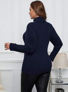 SHEIN Clasi 女式大码纯色高领长袖羊毛休闲 T 恤，秋冬 - 藏蓝色 - 查看 2