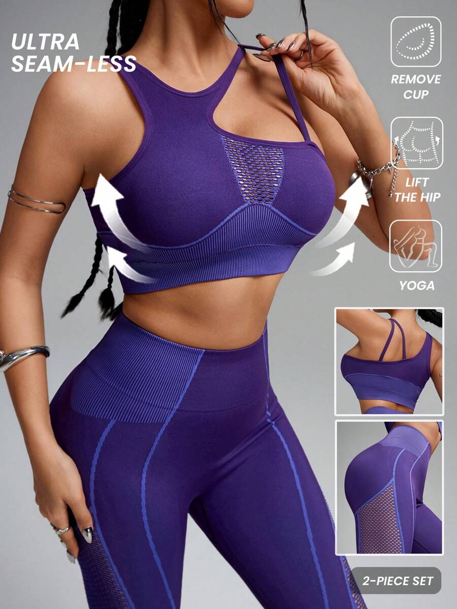 Innovista Women 2 Pieces Seamless 3D Sculpting Striped Crop Hemmed Fitted Push Up Bra And Leggings Sports Suit,Gym Workout & Daily Casual,Running,Cycling,Yoga,Outfit Sets,Purple