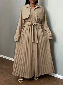 Slaydiva Damen Große Größen Eleganter Pendler-Trenchcoat mit plissierter Patchwork-Optik und langen Ärmeln, Herbst/Winter - Khaki - Übersicht 1