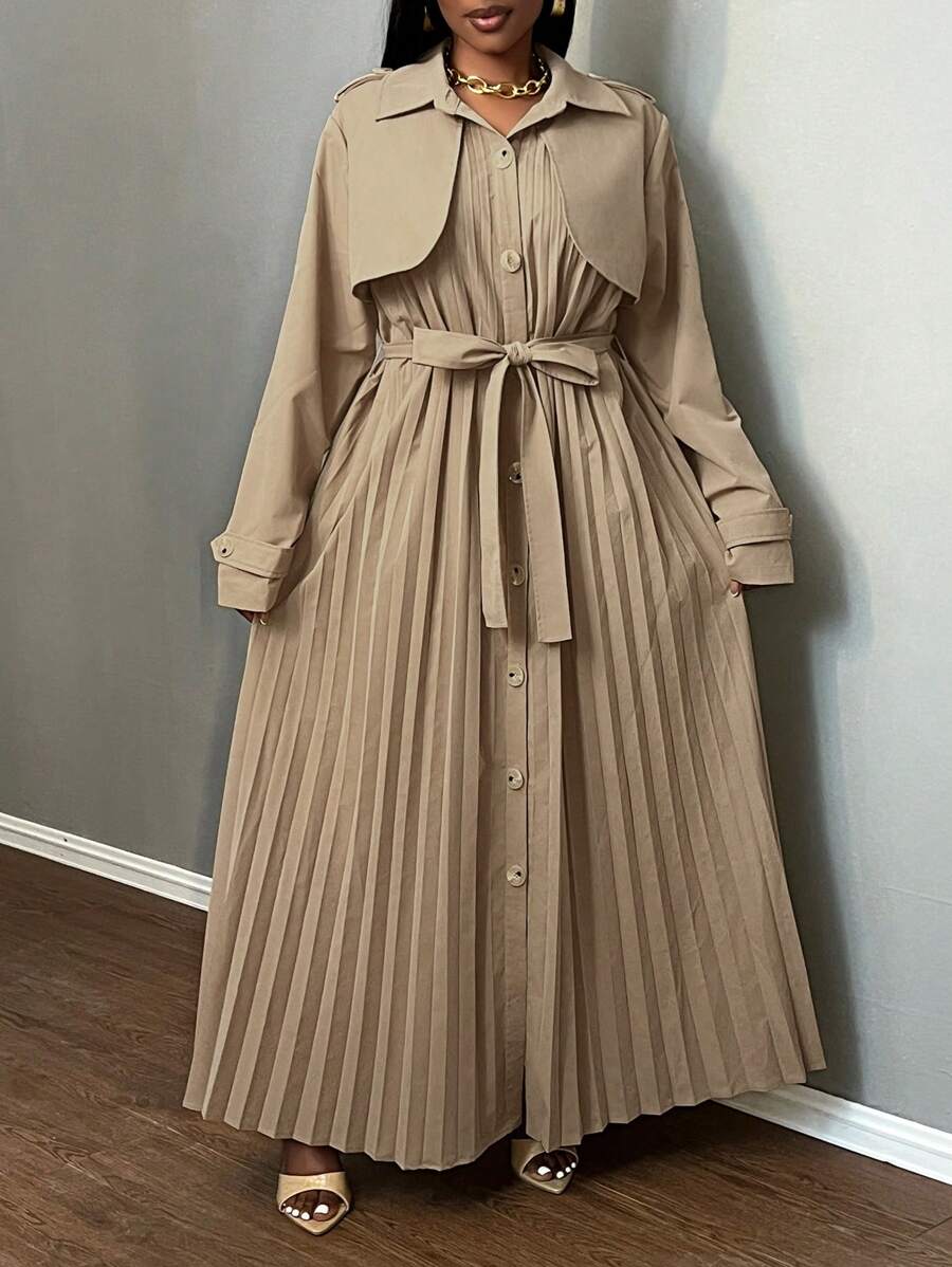 Slaydiva Damen Große Größen Eleganter Pendler-Trenchcoat mit plissierter Patchwork-Optik und langen Ärmeln, Herbst/Winter - Khaki - Übersicht 1