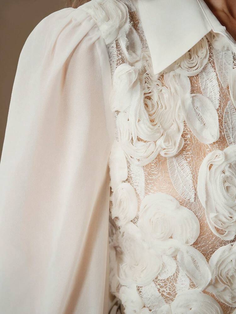 Women's 3D Floral Sheer Lantern Sleeve Elegant Beige Blouse Women Shirt
