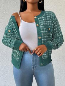 SHEIN Lady 秋冬开衫毛衣女装秋季女装秋季女装秋装简约工作办公室优雅办公装女教师服毛衣圆领拼色金属纽扣女士开衫 - 綠色 - 查看 4