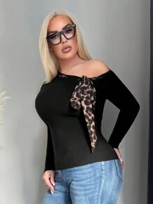 SHEIN SXY Jersey de punto con hombros descubiertos, lazo y estampado de leopardo, talla grande, cómodo para otoño/invierno - Negro - Ver 4
