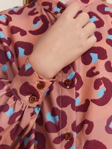 SHEIN Tween Girls Pink Leopard Print Stand Collar Button Front Casual Long Sleeve Loose Shirt, Autumn/Winter - Orange - View 4