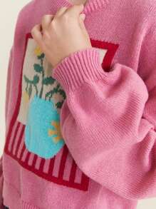 SHEIN Tween 女童图案印花圆领休闲套头毛衣 - 粉色 - 查看 4