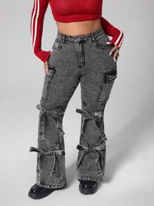 SHEIN ICON Große Größen Destroyed Multi-Taschen Y2K Straßen-Mode Schnür-Schlagjeans - Grau - Übersicht 1