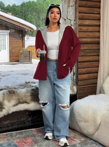 SHEIN EZwear Blazer con capucha casual y retro de talla grande, para otoño/invierno - Burdeos - Ver 4