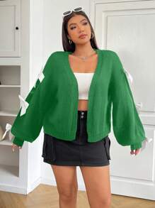 SHEIN EZwear 大码女式秋季毛衣、保暖、派对、假日、百搭休闲开衫，带蝴蝶结设计，适合校园、户外、室内、日常穿着、早午餐、下午茶、黑白色、长袖、秋冬季 - 綠色 - 查看 4