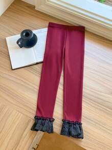 Blossori Young Girls 3pcs Set: Ruffle Hem Knitted High Waist Leggings, Elegant French Style For Autumn/Winter - Multicolor - View 3