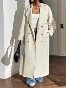 Muchica Women's Solid Color Lapel Dropped Shoulder Long Sleeve Double-Breasted Long Trench Coat, Autumn - Apricot - View 1