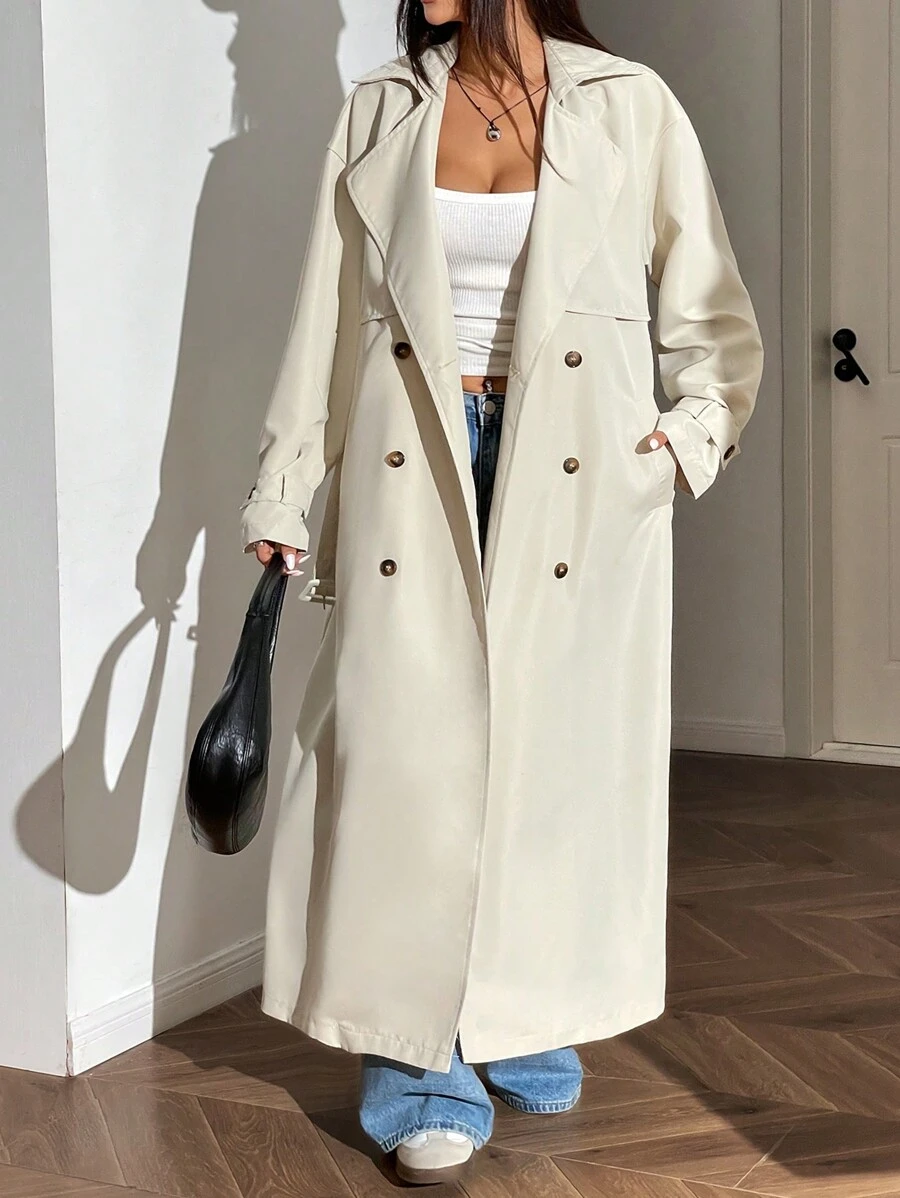 Muchica Women's Solid Color Lapel Dropped Shoulder Long Sleeve Double-Breasted Long Trench Coat, Autumn - Apricot - View 1