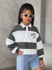 SHEIN Tween Girls Loose Casual Contrast Color Splice Shirt Collar Letter Print Cropped Long Sleeve Sweatshirt
