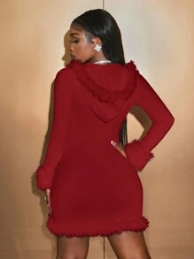 Slaydiva Vestido mini ajustado de unicolor con patchwork de felpa con capucha, para otoño/invierno - Rojo - Ver 2