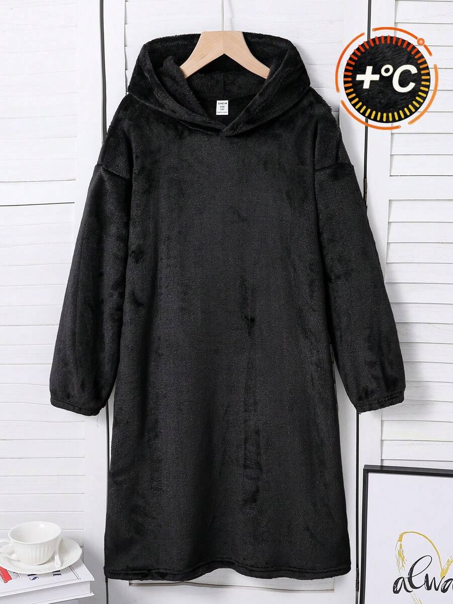 青少年女孩哥特式兔耳朵连帽法兰绒睡袍，冬季保暖阻燃睡衣 - 黑色 - 查看 1