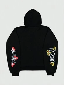 ROMWE MEN Street Life 男士休闲字母与卡通印花长袖连帽运动衫，宽松版型，秋季 - 黑色 - 查看 2