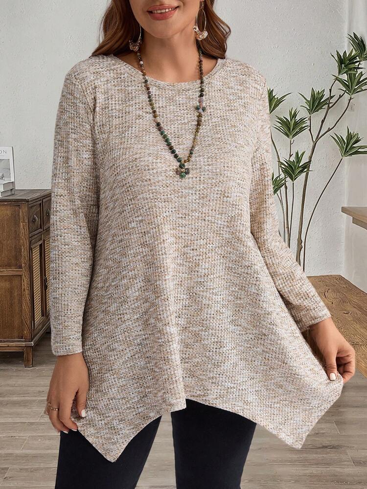 Plus Size Going Out Tops Plain Round Neck Asymmetric Hem Casual Long Sleeve T-Shirt,Winter Clothes For Women