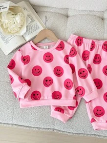 SHEIN Baby Girl Cute Pink Fun Graphic Print Long Sleeve Hoodie And Pants 2 Pieces Set, Autumn/Winter - Hot Pink - View 5