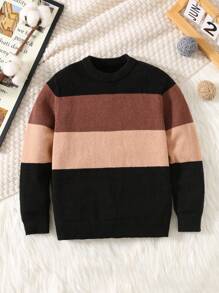 年轻男孩休闲学院风基本款拼色圆领长袖针织毛衣，适合返校、校服、幼儿园、生日派对、圣诞节、日常通勤、户外、运动、秋冬季 - 彩色 - 查看 1