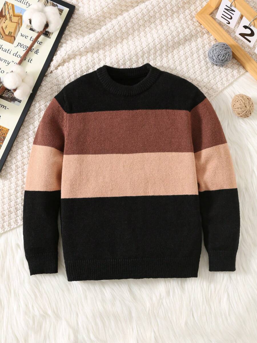 年轻男孩休闲学院风基本款拼色圆领长袖针织毛衣，适合返校、校服、幼儿园、生日派对、圣诞节、日常通勤、户外、运动、秋冬季 - 彩色 - 查看 1