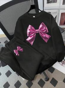 SHEIN Leap Crew 2 件套年轻女孩闪光蝴蝶结装饰宽松圆领加厚运动衫，休闲简约风格，适合幼儿/小女孩秋冬季 - 黑色 - 查看 1