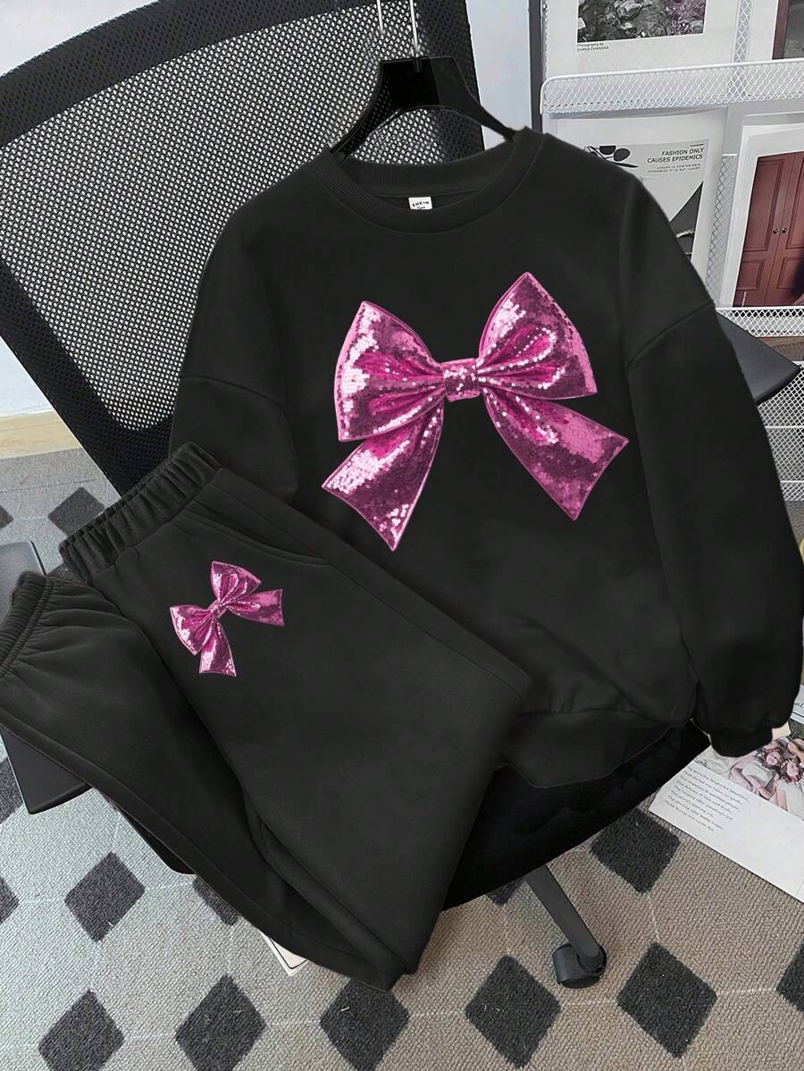 SHEIN Leap Crew 2 件套年轻女孩闪光蝴蝶结装饰宽松圆领加厚运动衫，休闲简约风格，适合幼儿/小女孩秋冬季 - 黑色 - 查看 1
