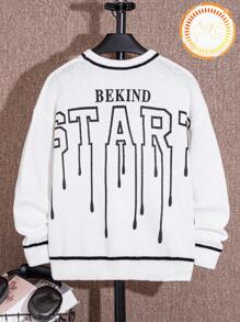 Tween Boy White Casual Streetwear Back-To-School Solid Color Contrast Striped Ribbed Graphic Round Neck Sweater, Suitable For Autumn, School, Party - Black and White - View 1