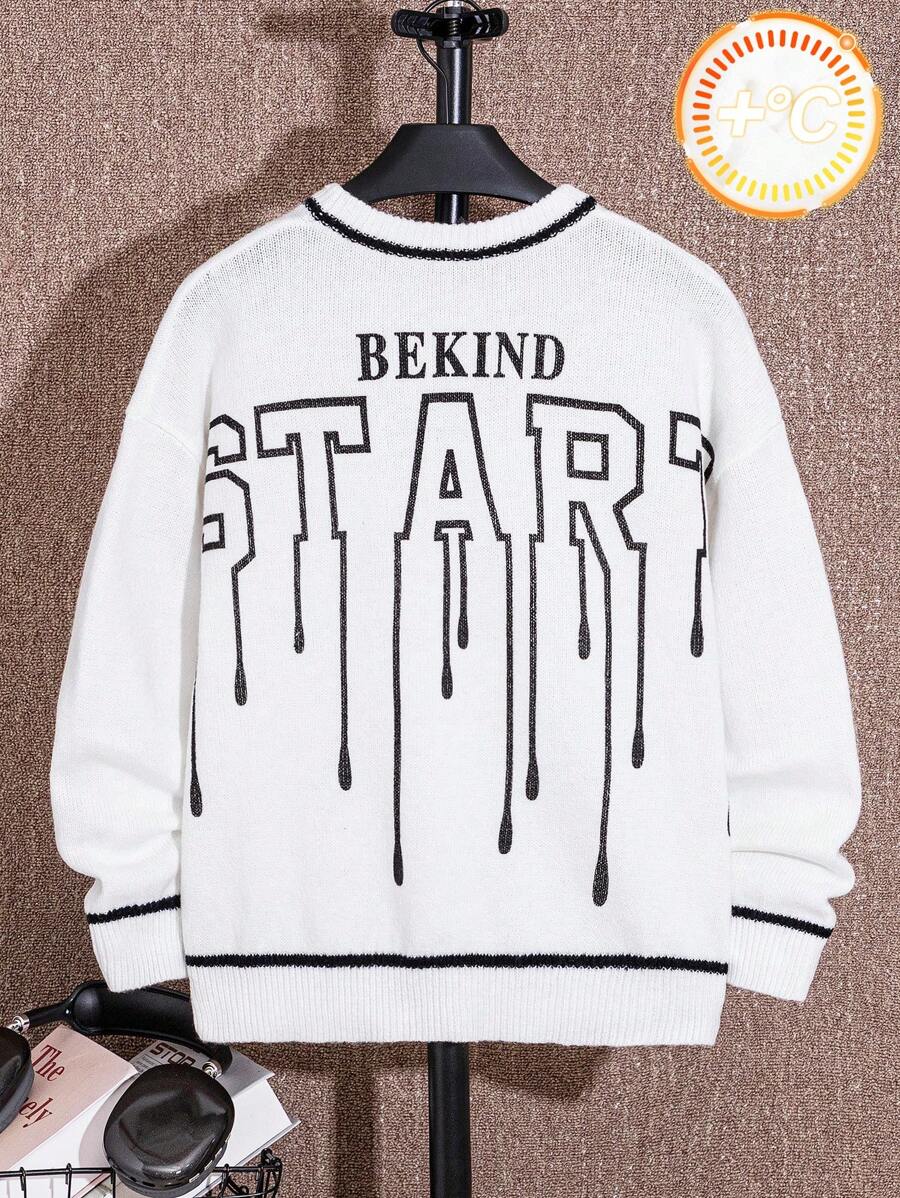 Tween Boy White Casual Streetwear Back-To-School Solid Color Contrast Striped Ribbed Graphic Round Neck Sweater, Suitable For Autumn, School, Party - Black and White - View 1