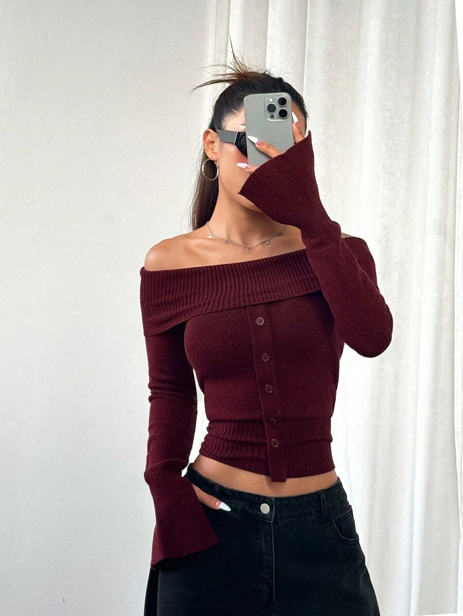 Flirla 1pc Sexy Off Shoulder Special Button Highly Colorful Knit Sweater