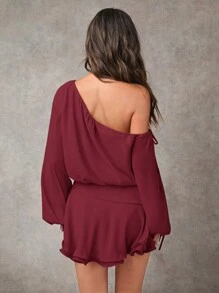 Vestido corto informal para mujer con cuello asimétrico, mangas farol y volante en el bajo, atuendo casual para brunch, vestidos de mujer para otoño, vestido para fiesta de té - verde menta - Ver 8