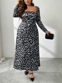 SHEIN Privé Plus Size Women Leopard Print Long Dress - Grey - View 6