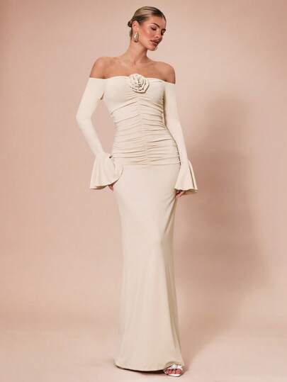 SHEIN BAE Apricot & Bodycon Off Shoulder Long Sleeve Dress, With 3D Floral Decorations, Suitable For Cocktail Parties, Romantic Dates, Autumn/Winter Layering, Gatherings, Parties, Formal Occasions, Halloween, Christmas