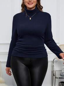 SHEIN Clasi 女式大码纯色高领长袖羊毛休闲 T 恤，秋冬 - 藏蓝色 - 查看 3