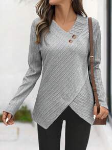 SHEIN LUNE Women Crew Neck Long Sleeve Casual Asymmetrical Hem Design Pullover Shirt, Autumn/Winter Fall Cloth For Women - Grey - View 1
