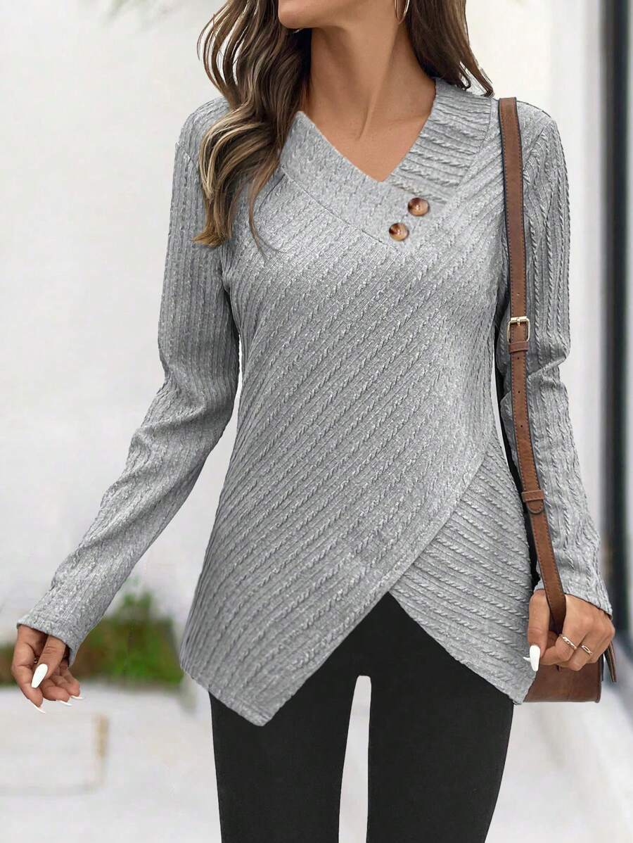 SHEIN LUNE Women Crew Neck Long Sleeve Casual Asymmetrical Hem Design Pullover Shirt, Autumn/Winter Fall Cloth For Women - Grey - View 1