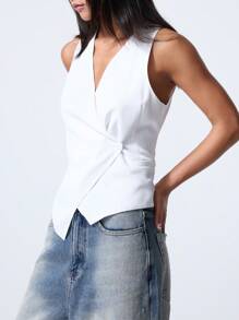 LYSMO Women's Sexy Street Casual Solid Color Backless Tied Wrap Button Asymmetrical Hem Tank Top, Summer - White - View 3