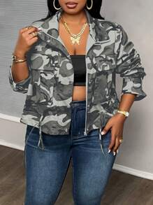 Slaydiva Plus Size Camouflage Print Drawstring Hem Jacket For Dailywear