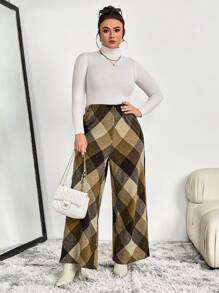 SHEIN LUNE Plus Size Women Plaid Straight Leg Pants Fall Cloth For Women - Multicolor - View 4