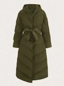 SHEIN Lady 女士休闲纯色连帽棉服外套，冬季 - 軍綠色 - 查看 5