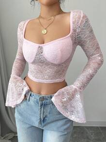 Chiquease 1-Piece Set Women's Pink Lace Transparent Solid Color Sweetheart Square Neck Fit Bell Long-Sleeved Top Hot Girl Suitable For Dating And Going Out To Take Photos As A Bottoming Spring And Summer Top Fall Cloth For Women