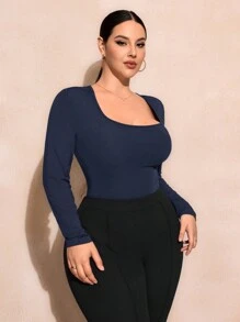 SHEIN SXY Plus Size Solid Color Square Collar Fitted Long Sleeve Bodysuit - Navy Blue - View 4