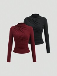 Sweetra Camiseta quente de manga comprida com gola falsa franzida estilo Y2K