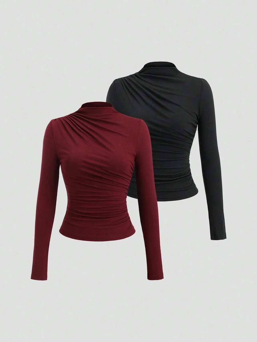 Sweetra Y2K Style Ruched Mock Neck Long Sleeve Warm T-Shirt Fall Cloth For Women