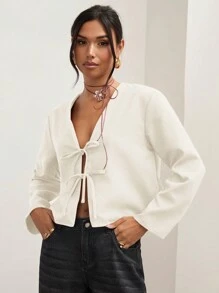 COSMINA 女式纯色不对称领口长袖蝴蝶结装饰休闲商务休闲工作衬衫，春季和秋季 - 杏色 - 查看 4
