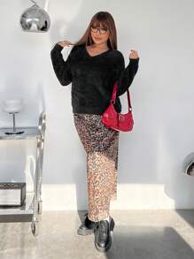 SHEIN EZwear 大码套头毛衣，休闲时尚，适合日常穿着，适合冬季 - 黑色 - 查看 7