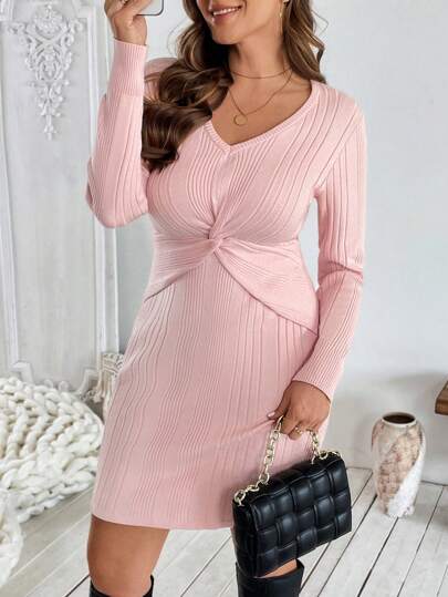 SHEIN Clasi Plus Size Women's Elegant Party Festival Christmas Dress Warm Pink Waist Twist Slimming V-Neck Flared A-Line Waist Cinched Autumn Winter Sweater Dressbusiness Casual Woman,Work Wear,Fall Wedding Guest Dress,