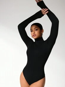 Easithlete 女士纯色弹力立领修身长袖无缝连体裤 - 黑色 - 查看 3