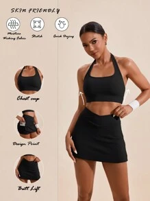 VARSITIE Solid Color Halter-Neck Casual Top And Bottom Women Sports Sets - Black - View 3