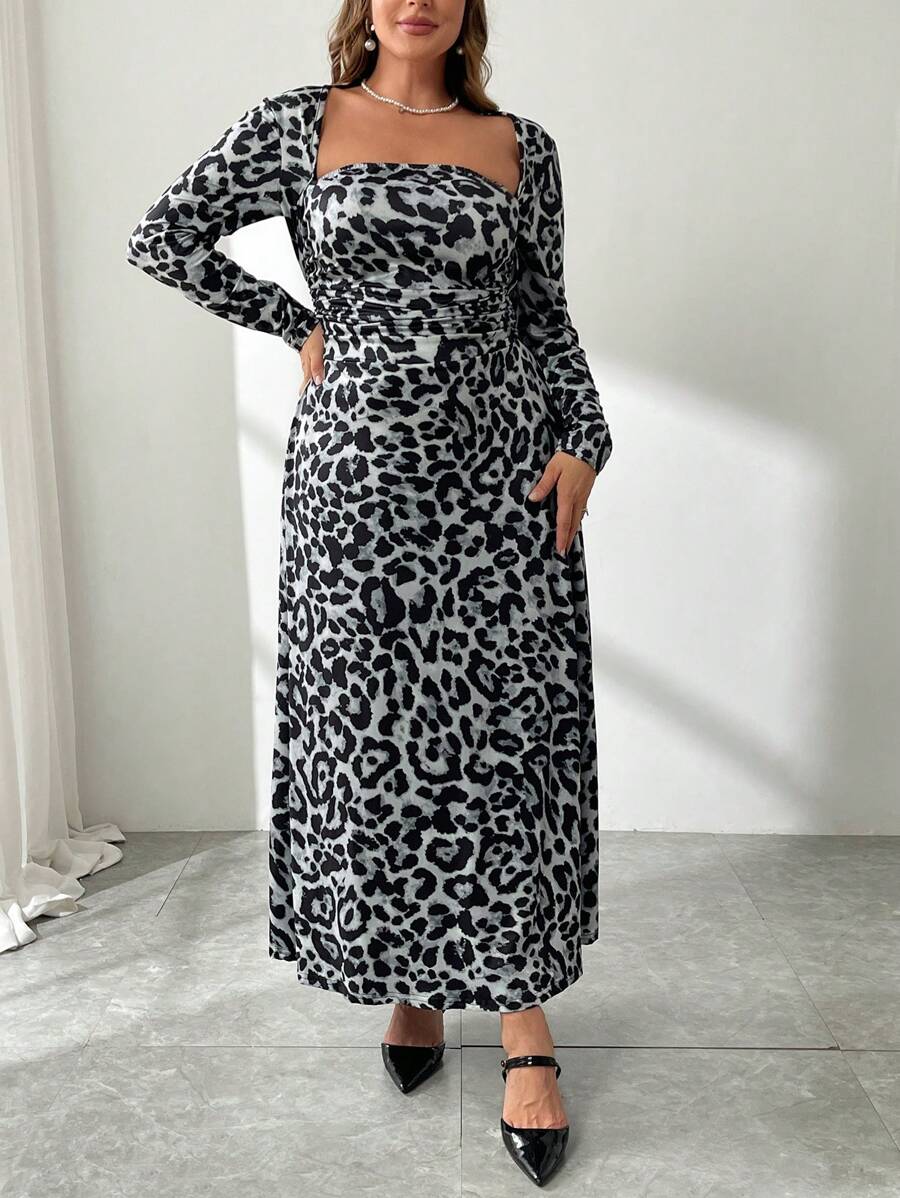 SHEIN Privé Plus Size Women Leopard Print Long Dress - Grey - View 1