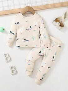 Bộ 2 món/Bộ đồ ngủ in họa tiết động vật cổ tròn tay dài dễ thương thoải mái cho bé trai và quần dài in họa tiết toàn thân, vừa vặn - Màu be - Xem 3