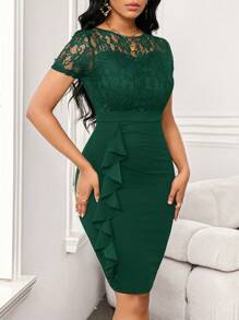 SHEIN Lady 婚礼宾客礼服蕾丝拼接荷叶边女士包臀裙工作聚会女装连衣裙 - 墨綠色 - 查看 4